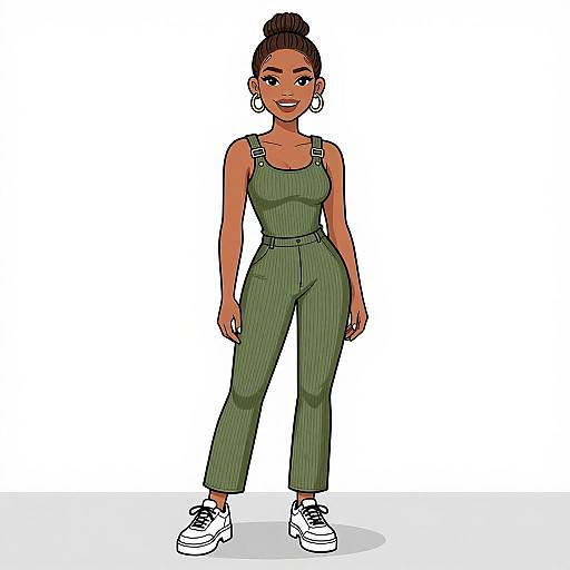 Smiling Woman in Olive Green Jumpsuit