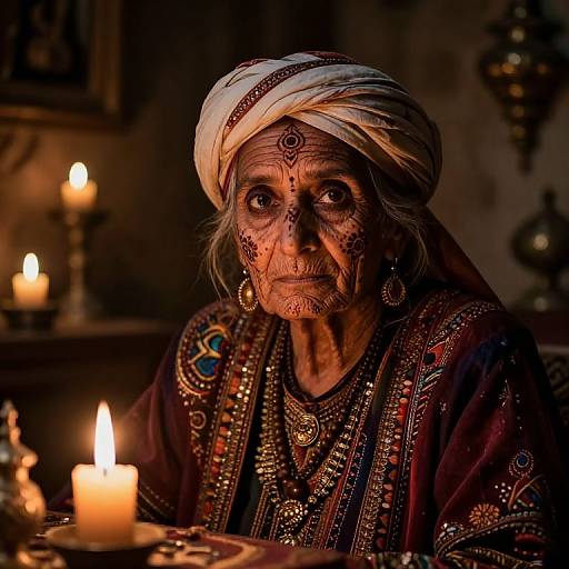 Photograph of an elderly Indian woman with wrinkled skin, adorned in traditional, ornate clothing and white headscarf, illuminated by candlelight.