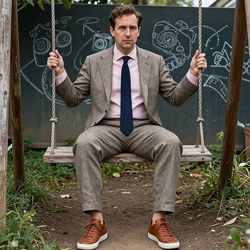 Photograph of a serious-looking man in a gray suit, white shirt, navy tie, and brown shoes, sitting on a wooden swing, with graffiti