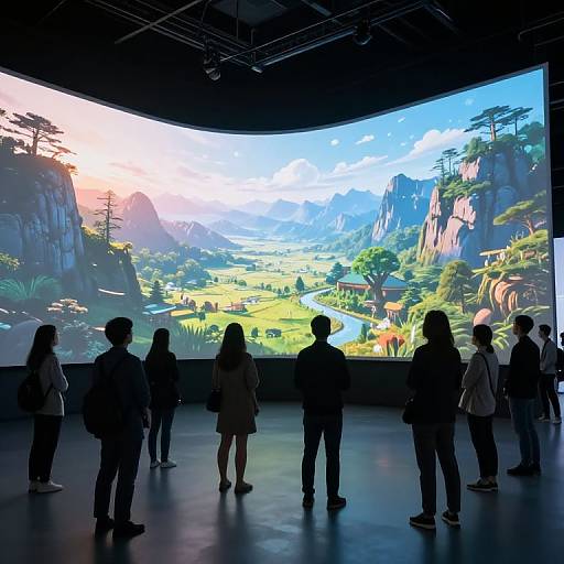 Silhouetted people stand in front of a large, vividly colorful digital landscape projection in a dark room, resembling a futuristic exhibition space.