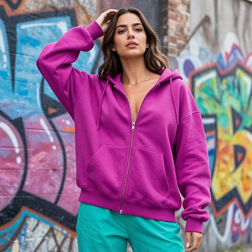 Photograph of a young woman with medium-length dark hair, wearing a bright pink hoodie and turquoise pants, standing against a vibrant graffiti-covered wall, hand