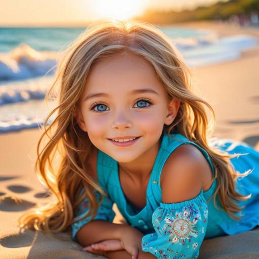 Smiling Girl Relaxing on Beach at Sunset