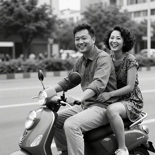 Urban Joyride: Black-and-White Couple on Scooter