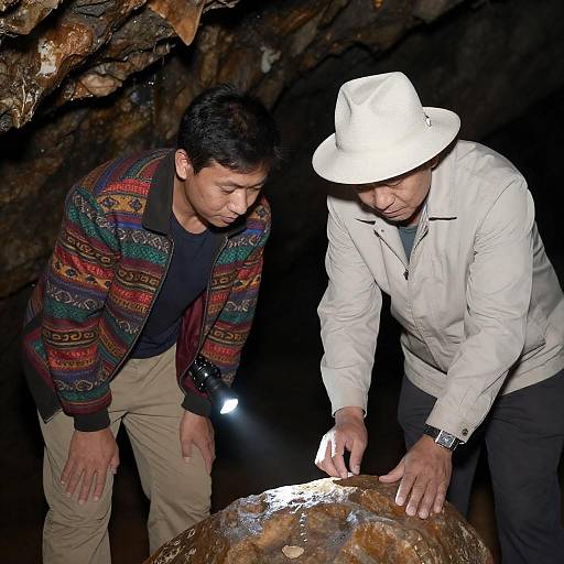 Men Exploring in a Dimly Lit Cave