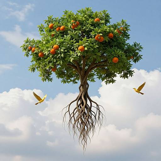 Photograph of a floating orange tree with vibrant green leaves, orange fruits, exposed roots, and two yellow birds flying nearby against a bright blue sky with