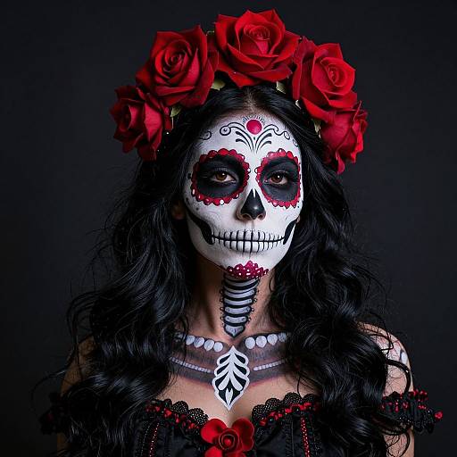 Photograph of a woman in Day of the Dead makeup, white face paint with red accents, black wavy hair, red rose crown, black lace