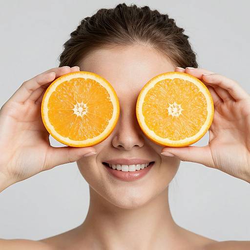 Photograph of a smiling woman with fair skin and dark hair, holding two orange slices in front of her eyes, white background.