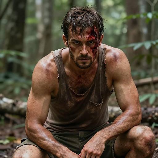 Muscular Man in Forest with Intensity