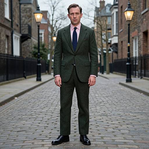 Photograph of a serious, fair-skinned man with short brown hair, wearing a dark green suit, pink shirt, and navy tie, standing on