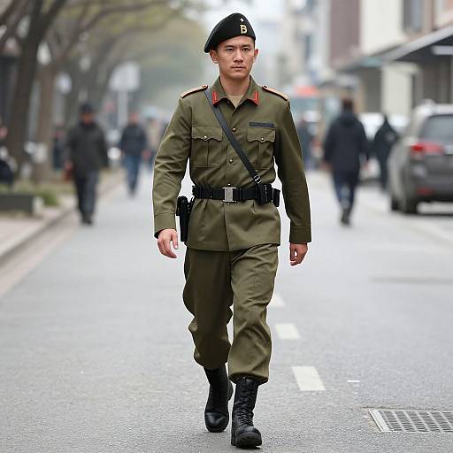 Photograph of a young male soldier in olive green uniform with black belt and cap, walking down a blurred urban street. Background includes blurred pedestrians and parked