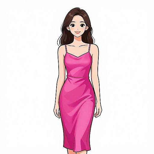 Digital anime-style illustration of a smiling woman with long dark brown hair, wearing a form-fitting, bright pink, spaghetti-strap dress, standing against