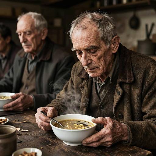 Elderly Men Eating Soup in Rustic Setting