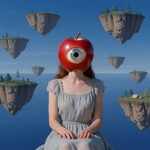 Photograph of a woman with a red apple head featuring an eye, wearing a light gray dress, sitting against a surreal blue sky with floating islands.