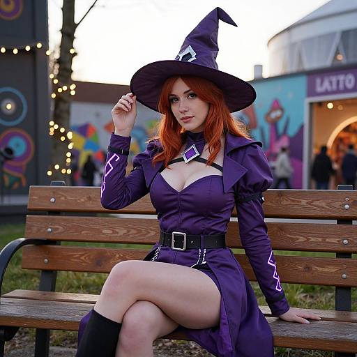 Photograph of a red-haired woman in a purple witch costume, sitting on a wooden bench, adjusting her hat, with colorful graffiti and festival lights in