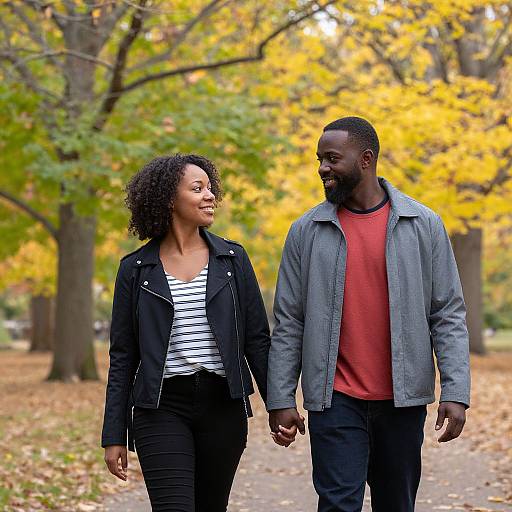 Photograph of a smiling Black couple holding hands in an autumn park with yellow leaves, wearing casual black and gray clothing.