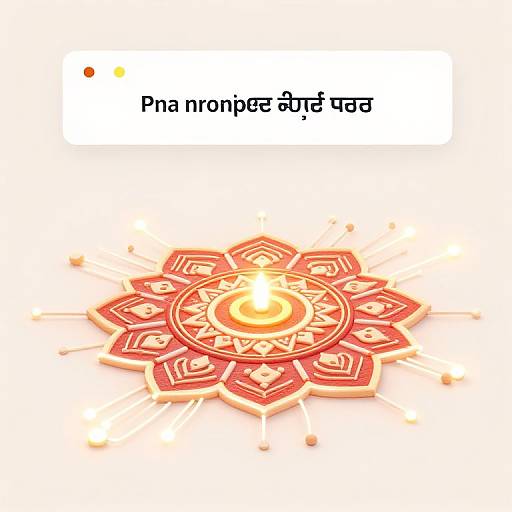 Photograph of a glowing red and orange mandala with a central candle, labeled 