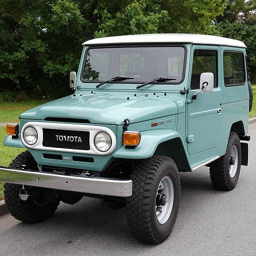 Photograph of a mint green Toyota Land Cruiser with white roof, rugged tires, and chrome front grille, parked on a suburban street with green trees in