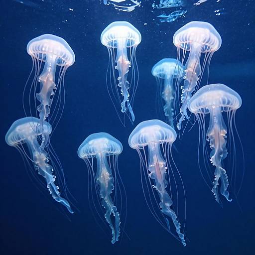Photograph of six glowing, translucent jellyfish with long, wavy tentacles floating in a deep blue underwater environment.