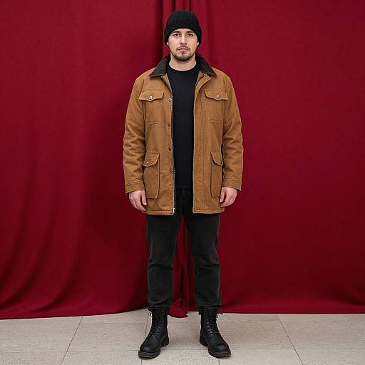 Photograph of a bearded man in a black beanie, tan jacket, black shirt, black pants, and black boots, standing against a rich