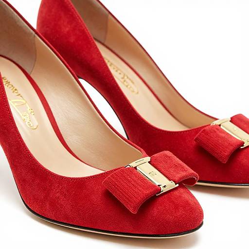 Photograph of vibrant red suede high-heeled shoes with gold buckles, positioned side by side, showcasing their elegant and stylish design.