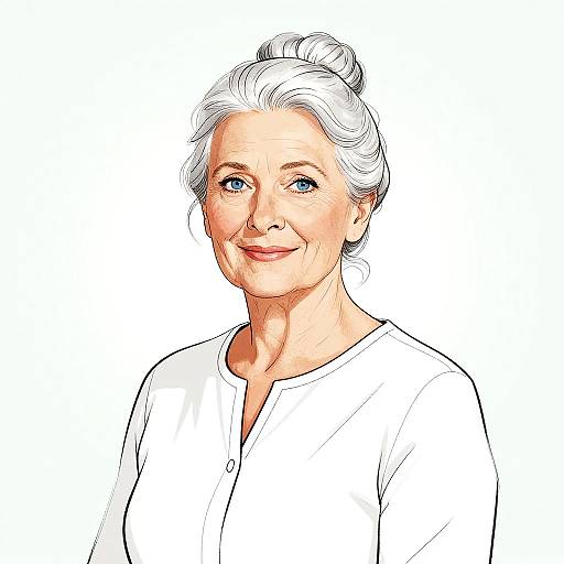 Digital drawing of a smiling elderly woman with white hair in a bun, wearing a white button-up shirt, against a plain white background.