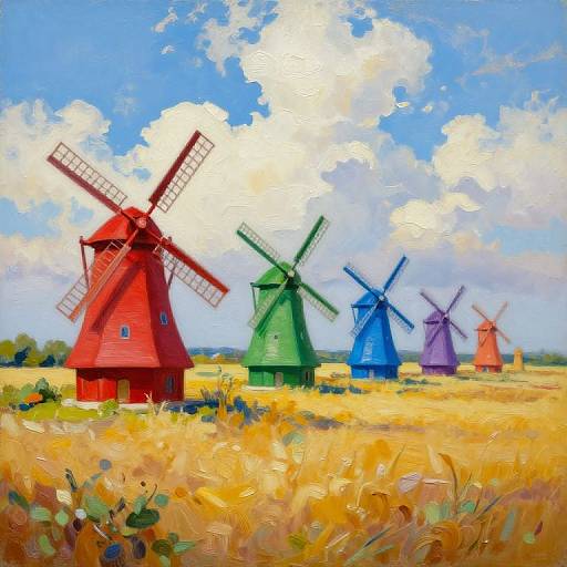 Bright, colorful digital painting of five windmills in red, green, blue, purple, and orange, standing in a golden field under a vibrant