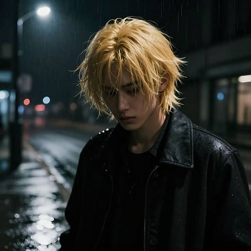 Photorealistic digital artwork of a melancholic, blonde-haired person with tousled hair, wearing a black leather jacket, standing in a rainy, dim