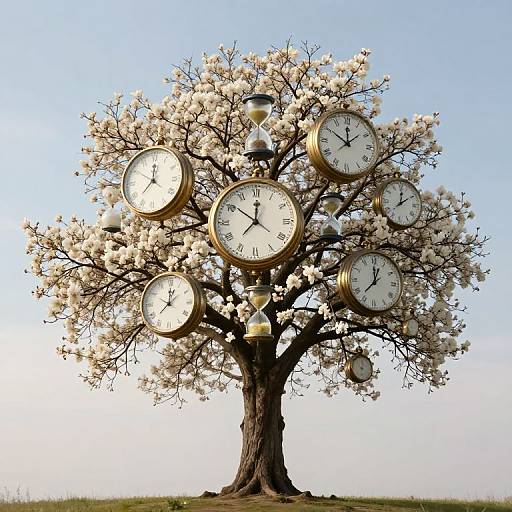 Photograph of a blossoming tree with twelve golden clock faces, each showing different times, set among white flowers against a clear blue sky.