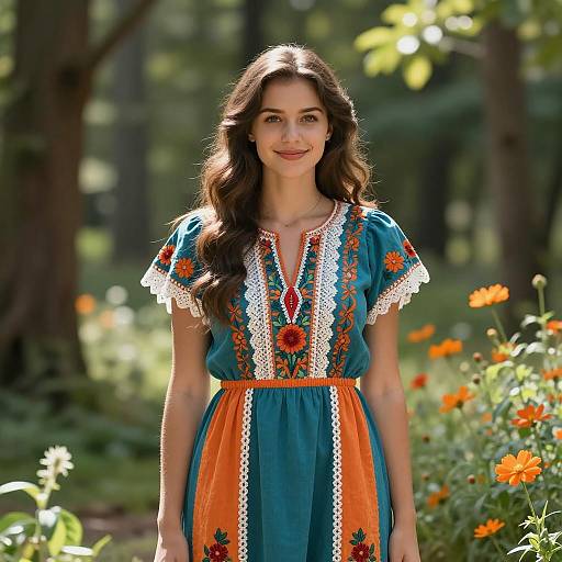 Young Woman in Traditional Embroidered Dress Outdoors