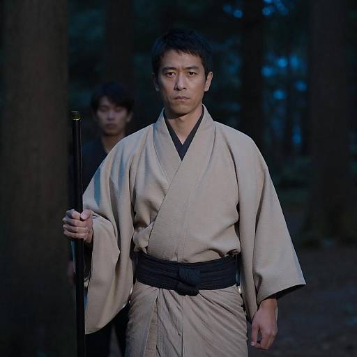 Serious Man in Kimono in Forest