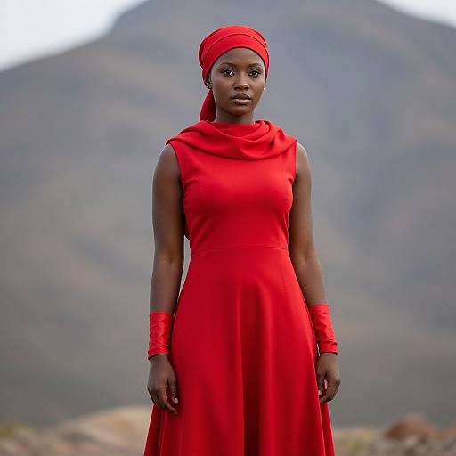 Photograph of a dark-skinned woman in a vibrant red dress and headscarf, standing against a blurred mountainous background. Red wristbands complete