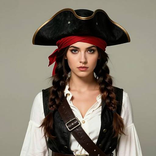 Photograph of a young woman with fair skin, dark braided hair, wearing a black pirate hat, red bandana, white shirt, black vest