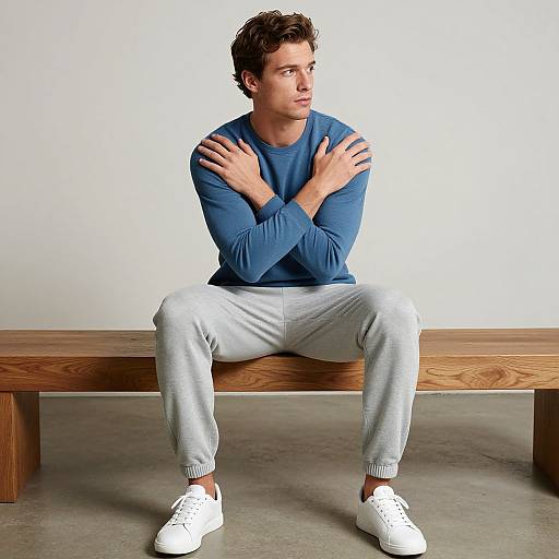 Photograph of a young man with short brown hair, wearing a blue long-sleeve shirt, gray sweatpants, and white sneakers, sitting on