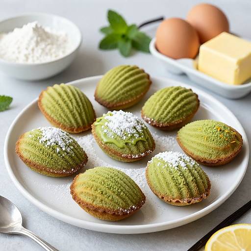 Photograph of green, ridged, sugar-dusted pastries on a white plate, with eggs and butter in the background, bright daylight.