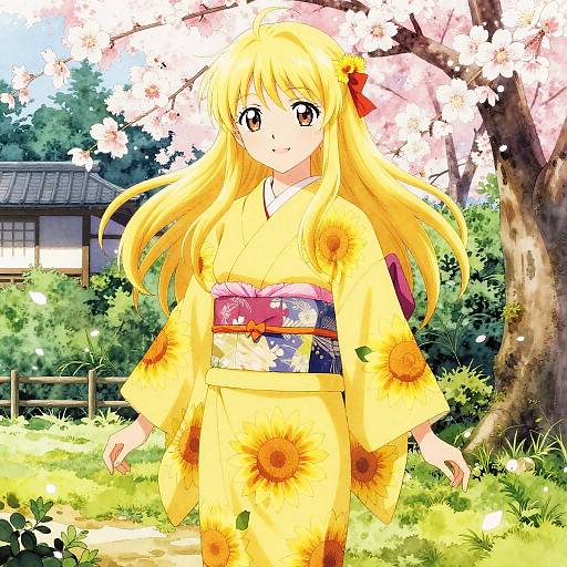 Anime-style digital drawing of a blonde girl in a yellow floral kimono, standing under cherry blossoms with a traditional house in the background.