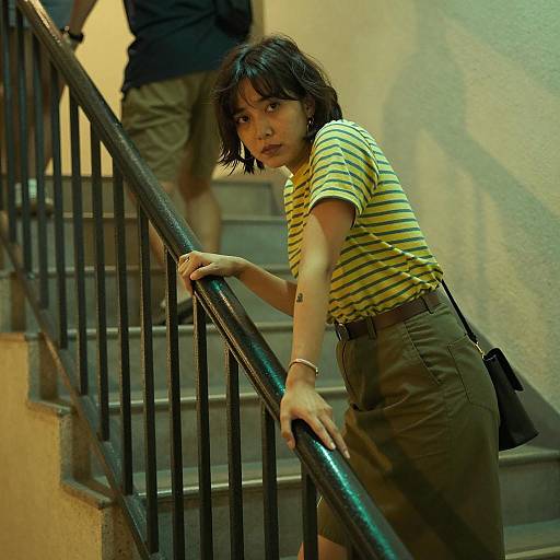 Woman Leaning on Stair Railing