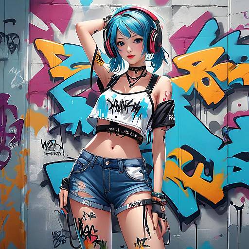 Digital anime-style artwork of a blue-haired girl with headphones, crop top, and shorts, standing against colorful graffiti-covered wall.