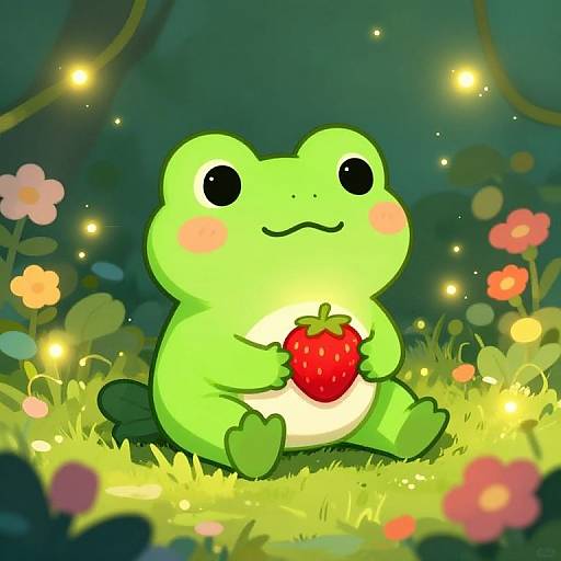 Cute Frog with Strawberry in Garden