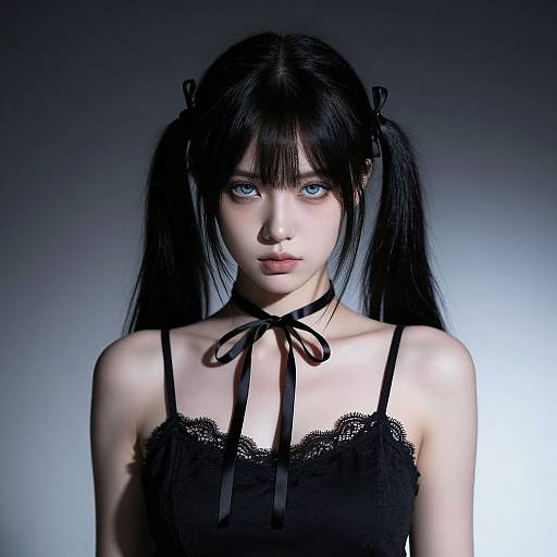 Photograph of a pale-skinned, blue-eyed girl with black twin-tails, wearing a black lace camisole with a ribbon choker,