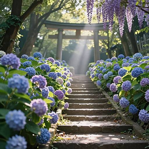 Dappled Sunlight on Hydrangea Path