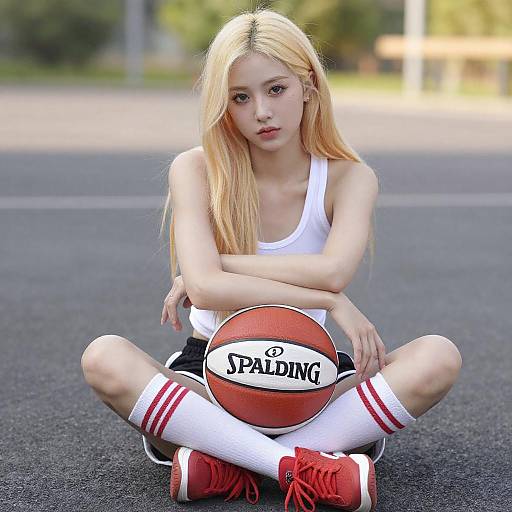 Young Woman with Basketball on Asphalt