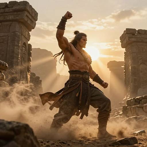 Photograph of a muscular, shirtless warrior with long hair, raised arm, and tribal clothing, standing in a dusty, sunlit ancient ruin.