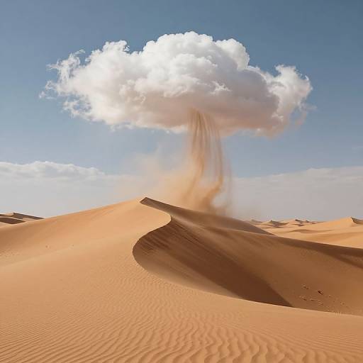 Photograph of a desert with golden sand dunes under a bright blue sky, featuring a large, white cloud with sand streaming down its base.