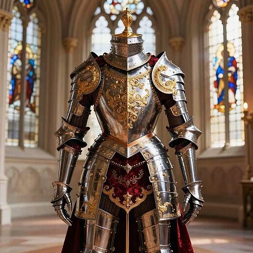 Photograph of a knight in ornate, silver and gold medieval armor with a red velvet underskirt, standing in a sunlit Gothic cathedral with