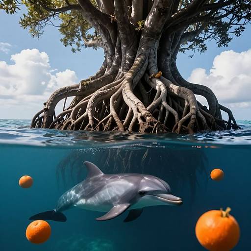 Photograph of a large tree with extensive roots underwater, a dolphin swimming below, and floating oranges, with a bright blue sky and fluffy clouds above.