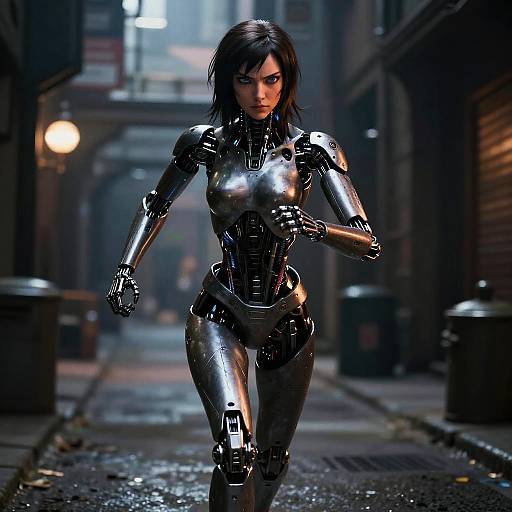 CGI image of a sleek, metallic female android with dark hair, running through a dimly lit, wet alley at night.