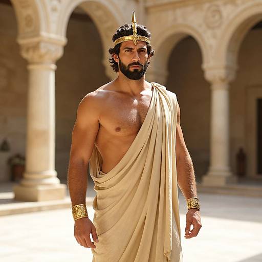 Photograph of a muscular, bearded man with olive skin, wearing a gold headpiece and bracelet, draped in a beige toga, standing in
