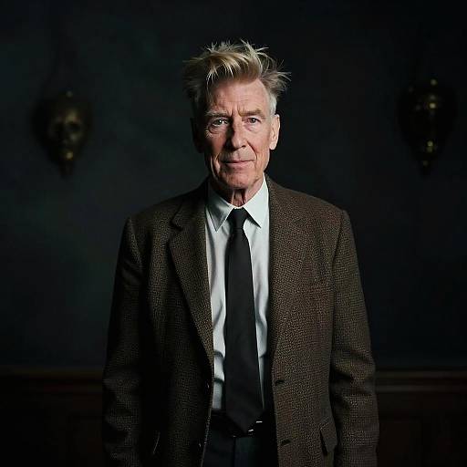 Photograph of an older white man with spiky gray hair, wearing a brown tweed jacket, white shirt, and black tie, standing against a
