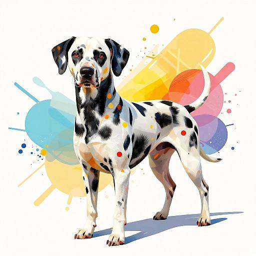 Digital illustration of a black and white Dalmatian with colorful splashes in the background, standing confidently on a white surface.