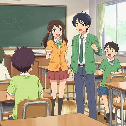 Anime-style classroom scene: Female teacher in orange blazer, male teacher in green blazer, and three students, two girls and one boy, engage